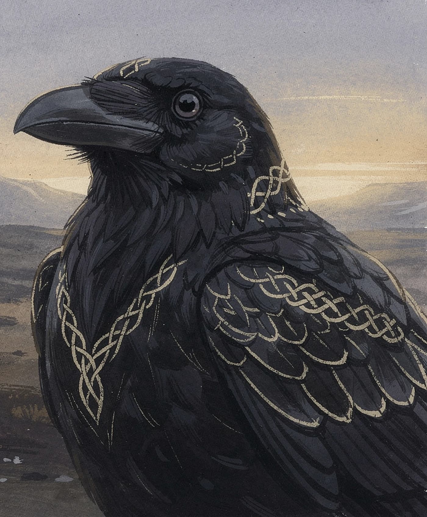 A painted raven, close, gold braid worked through the plumage, in low winter light.