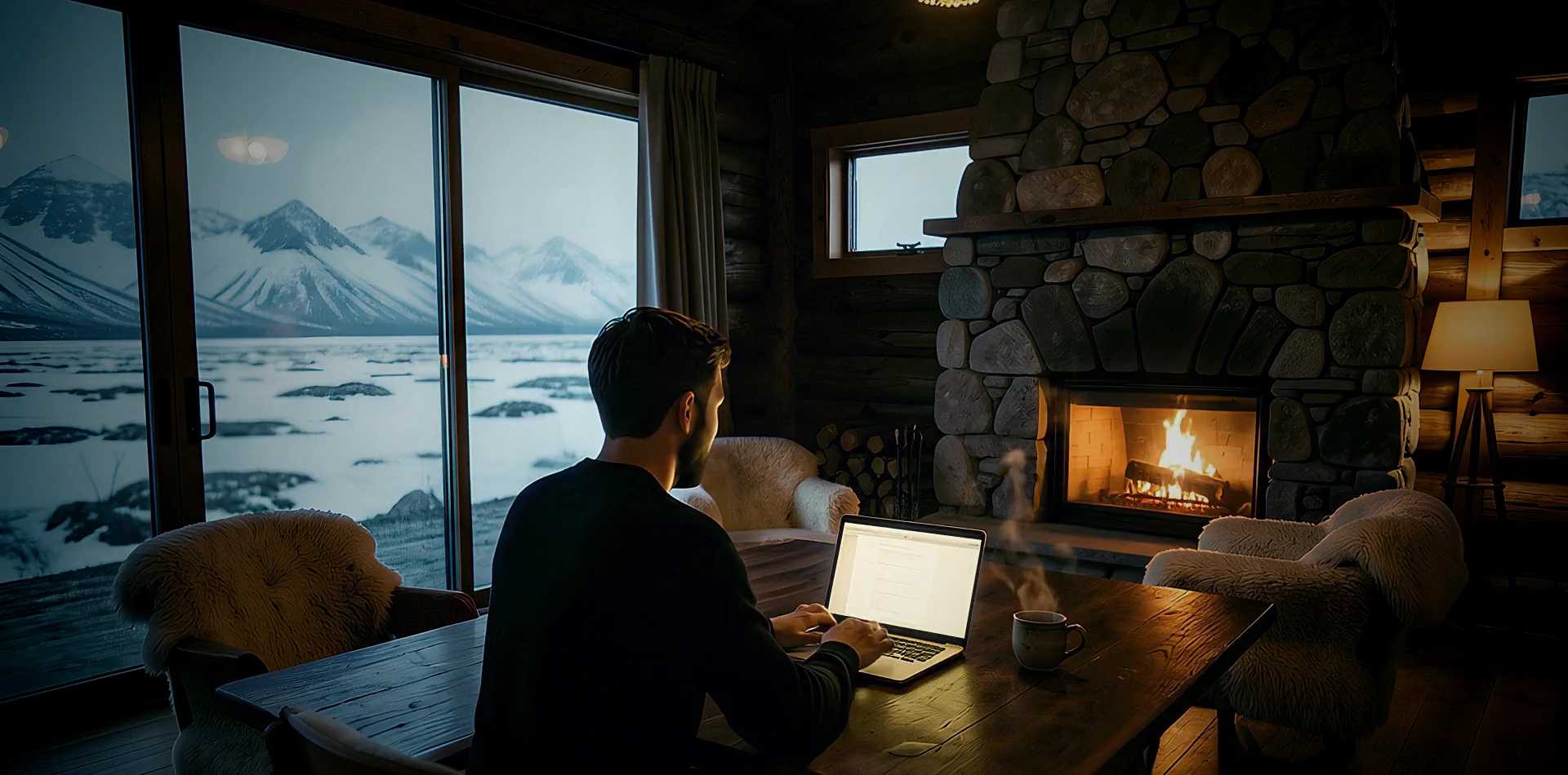 A winter cabin. Someone sits at a laptop on a timber table, a fire in the stone hearth behind them and snow mountains through the glass.