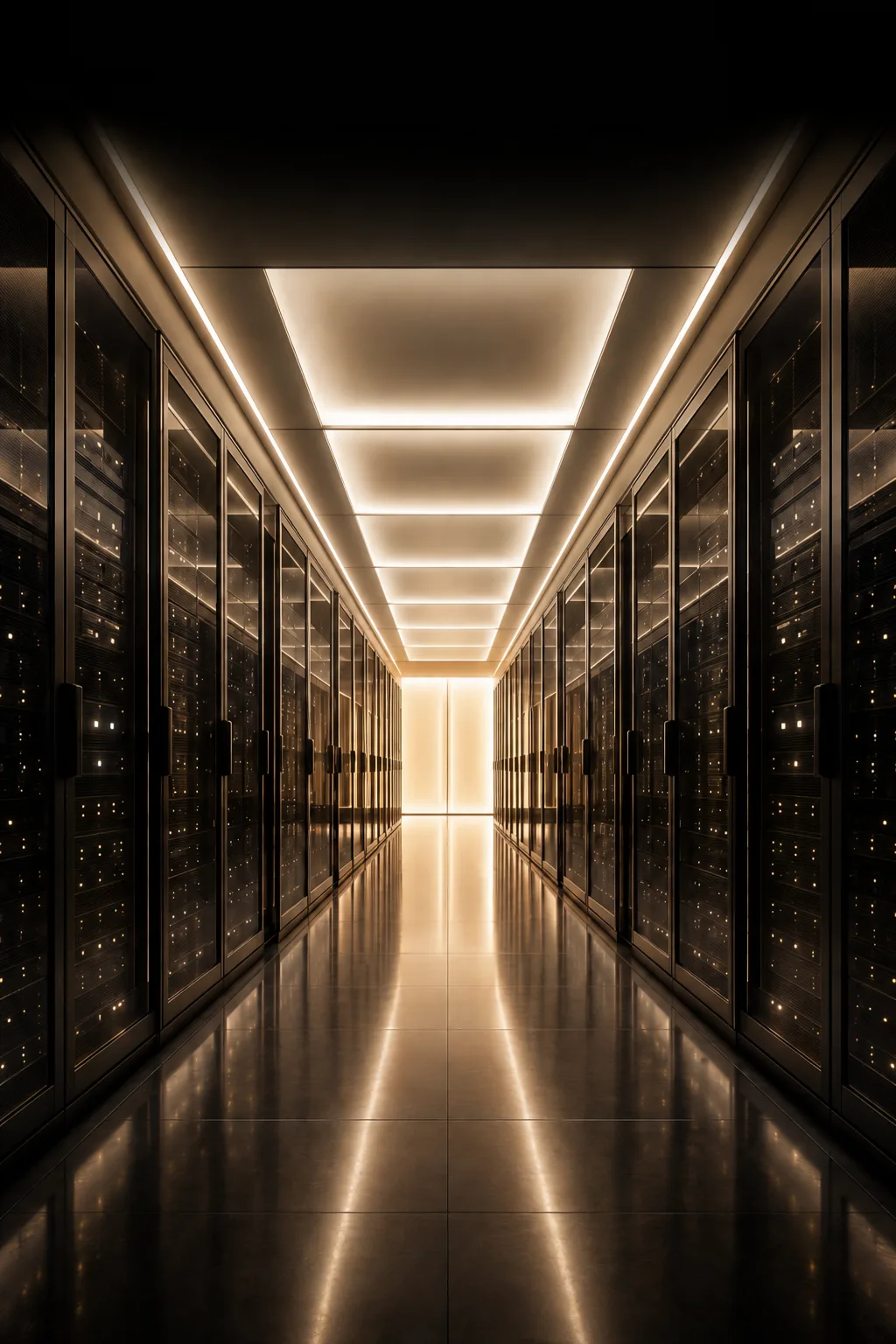 A bright aisle of server racks in a modern data centre, warm light along the ceiling.