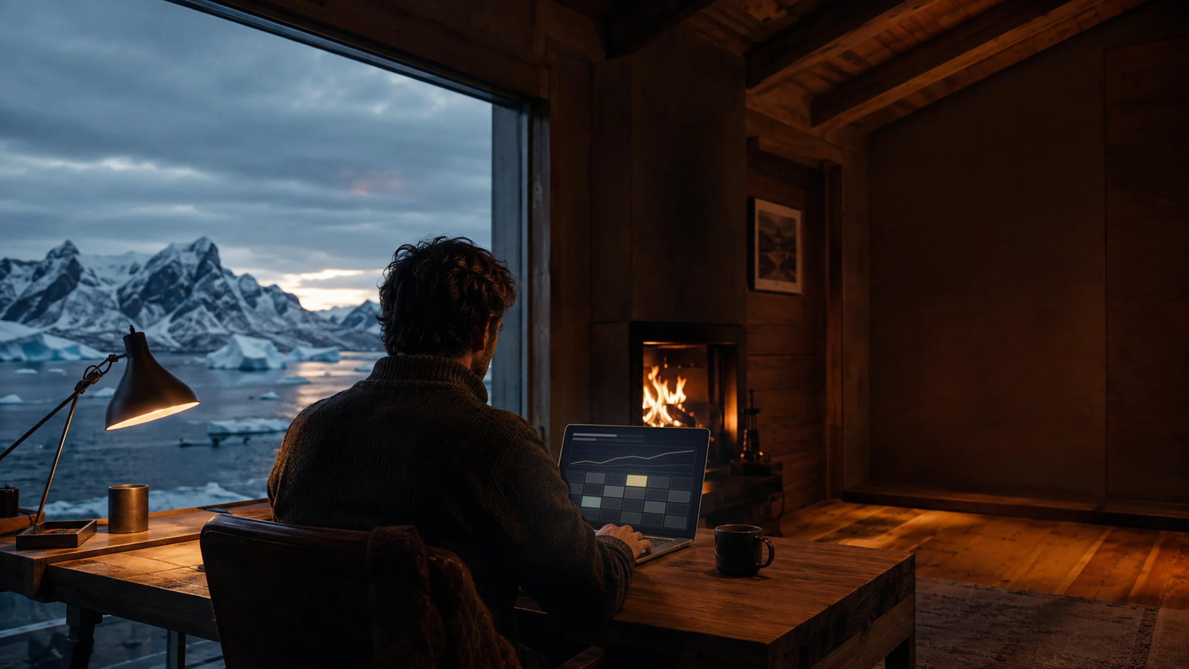A person working alone at a laptop in a warm timber cabin at dusk, a terminal session open on the screen, a fire burning on one side and an arctic bay of icebergs through the window on the other.