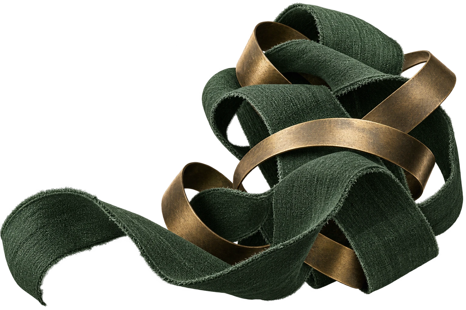 Sculptural forest-green linen and aged bronze, woven together